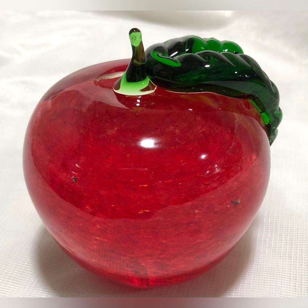 Vintage Red Glass Apple with Green Leaf